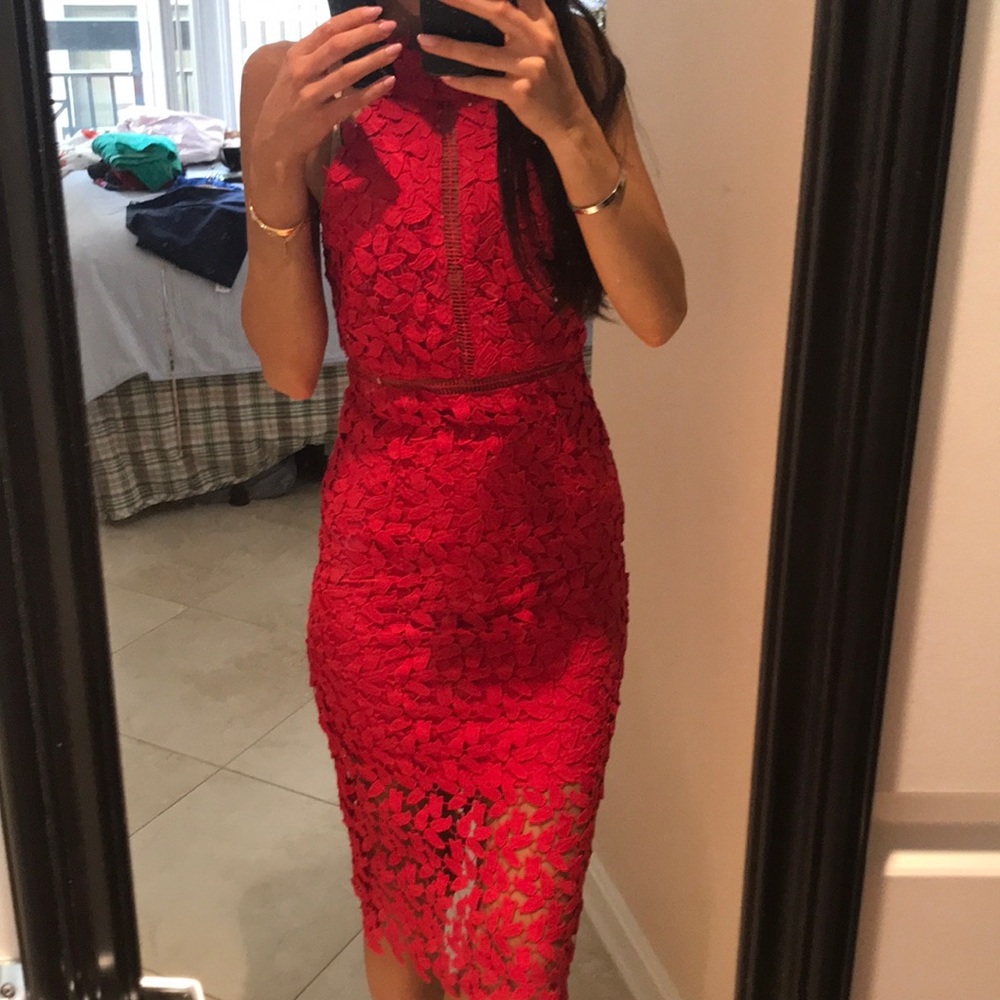 Bardot Gemma Red Lace Midi Dress - Sleeveless High Neck - Picture 4 of 8